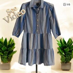 👛 (ANY 2/$35) GAP Unlined Blue-White Striped Tiered Shirt Dress